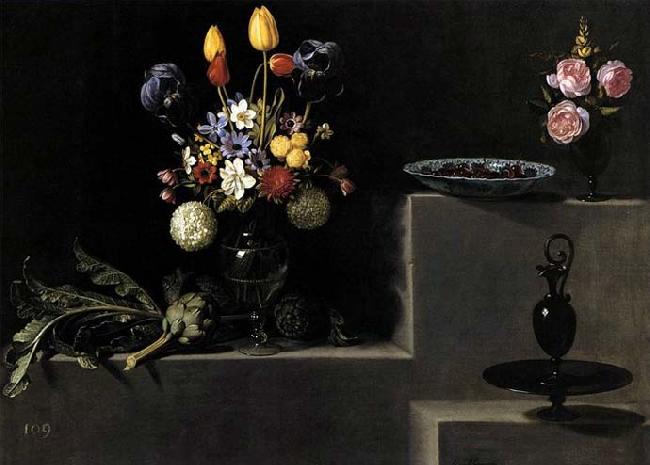 HAMEN, Juan van der Still Life with Flowers, Artichokes, Cherries and Glassware oil painting picture